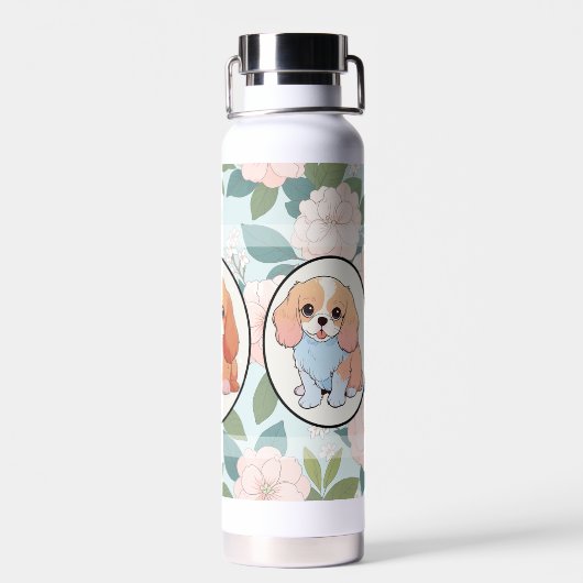 Cavalier King Charles Blume Hintergrund Trinkflasche (Rückseite)