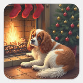 Cavalier King Charles by the Fireplace Christmas Quadratischer Aufkleber (Vorderseite)