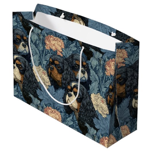 Cavalier King Charles Florales Blaues Design Große Geschenktüte (Rückseite Schrägansicht)