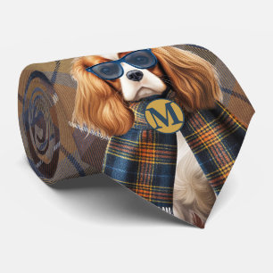 Cavalier King Charles Hund und karierter Monogramm Krawatte