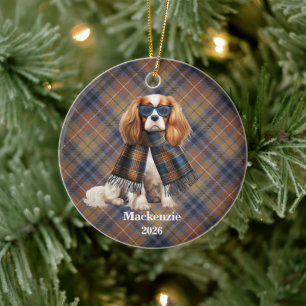 Cavalier King Charles Navy Karo personalisierter H Keramik Ornament