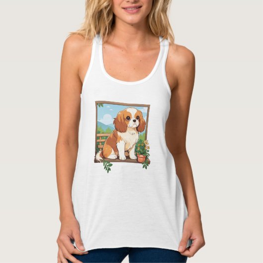 Cavalier King Charles Pastel mit Blume Tank Top (Vorderseite)