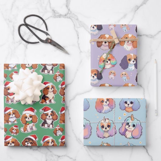 Cavalier King Charles Pastel Weihnachtsmuster Geschenkpapier Set (Vorderseite)