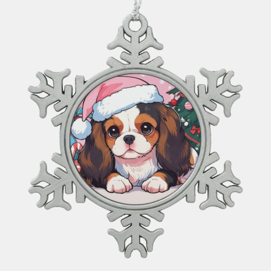Cavalier King Charles Pastellhut Schneeflocken Zinn-Ornament (Vorderseite)
