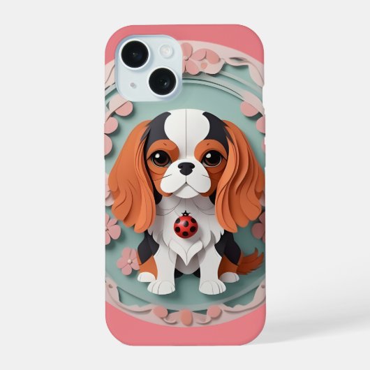 Cavalier King Charles Pink Blume Papier schneiden iPhone 15 Hülle (Rückseite)