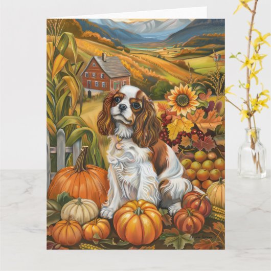 Cavalier King Charles Spaniel Autumn Erntedank Karte (Gelbe Blume)