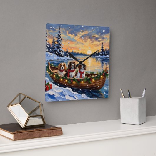 Cavalier King Charles Spaniel Christmas Boat Quadratische Wanduhr (Büro)