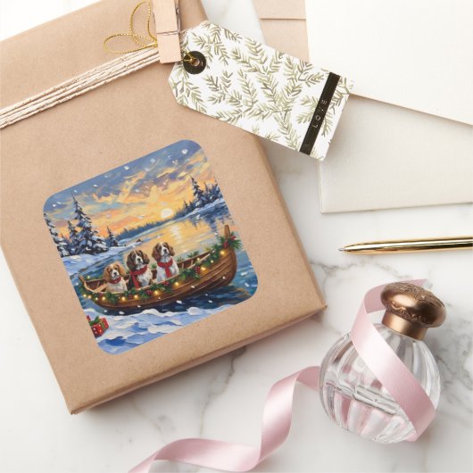 Cavalier King Charles Spaniel Christmas Boat Quadratischer Aufkleber (Schenken)