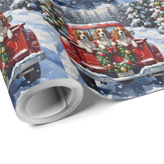 Cavalier King Charles Spaniel Christmas Red Truck Geschenkpapier (Rolleneckpunkt)