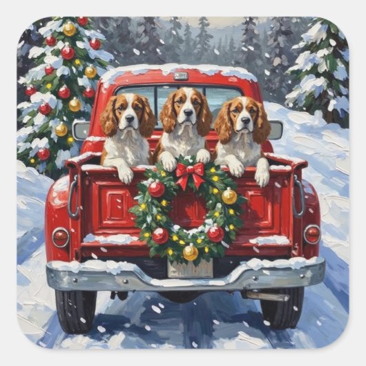 Cavalier King Charles Spaniel Christmas Red Truck Quadratischer Aufkleber (Vorderseite)