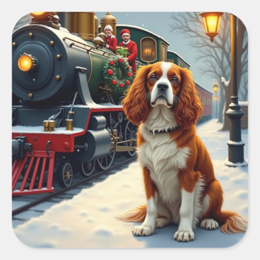 Cavalier King Charles Spaniel Christmas Train Quadratischer Aufkleber (Vorderseite)