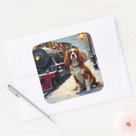 Cavalier King Charles Spaniel Christmas Train Quadratischer Aufkleber (Umschlag)