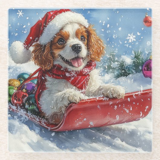 Cavalier King Charles Spaniel Dog Sledge Weihnacht Glasuntersetzer (Vorderseite)