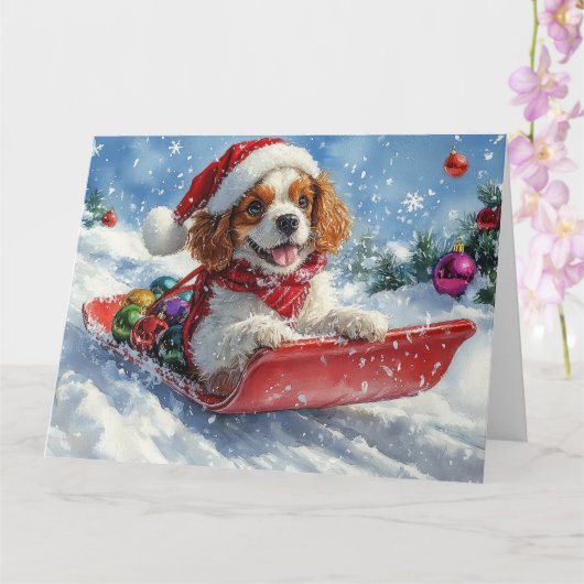 Cavalier King Charles Spaniel Dog Sledge Weihnacht Karte (Orchidee)