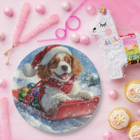 Cavalier King Charles Spaniel Dog Sledge Weihnacht Pappteller (Party)