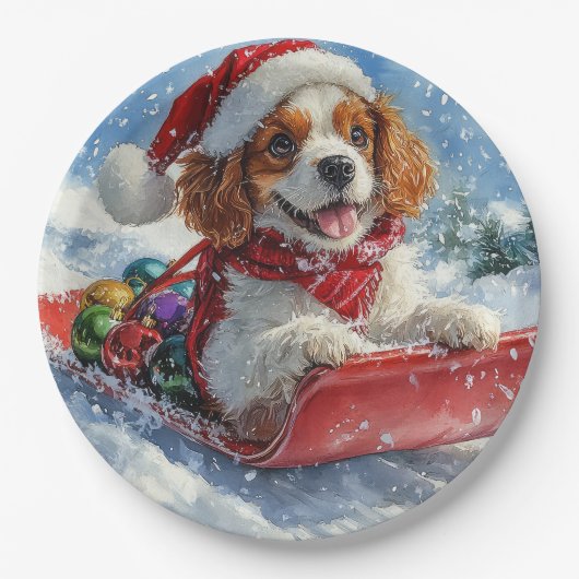 Cavalier King Charles Spaniel Dog Sledge Weihnacht Pappteller (Vorderseite)