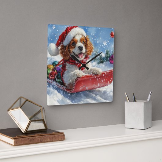 Cavalier King Charles Spaniel Dog Sledge Weihnacht Quadratische Wanduhr (Büro)