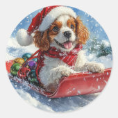 Cavalier King Charles Spaniel Dog Sledge Weihnacht Runder Aufkleber (Vorderseite)