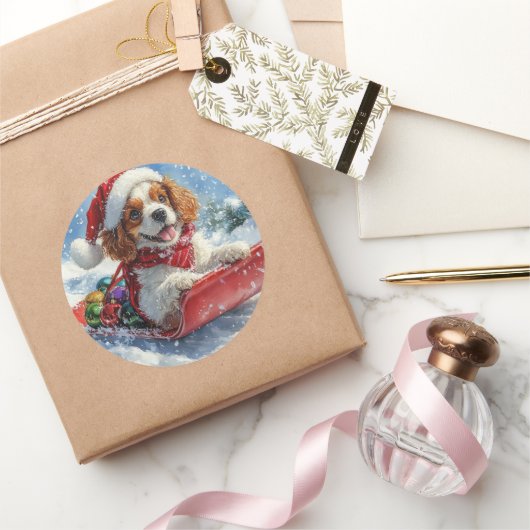 Cavalier King Charles Spaniel Dog Sledge Weihnacht Runder Aufkleber (Schenken)
