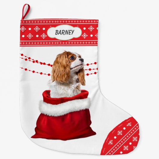 Cavalier King Charles Spaniel Dog Snowflake Border Großer Weihnachtsstrumpf (Vorderseite)