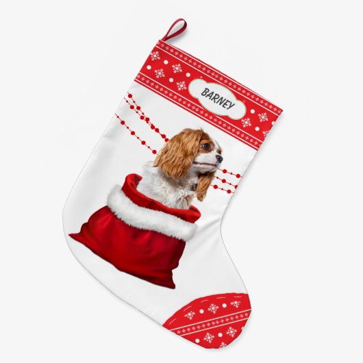 Cavalier King Charles Spaniel Dog Snowflake Border Großer Weihnachtsstrumpf (Vorderansicht (hängend))