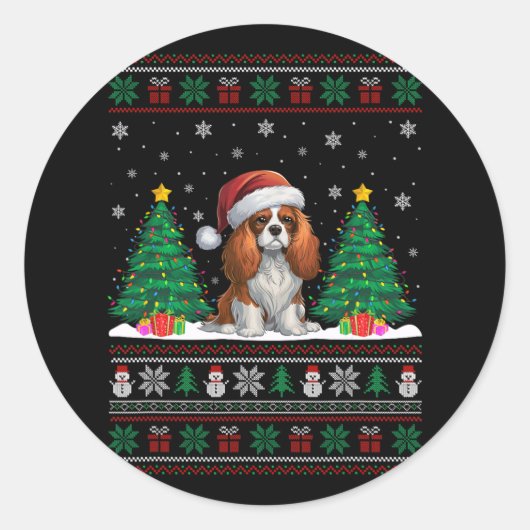 Cavalier King Charles Spaniel Dog Xmas Tree Lights Runder Aufkleber (Vorderseite)