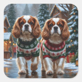 Cavalier King Charles Spaniel Dogs Christmas Snow  Quadratischer Aufkleber (Vorderseite)