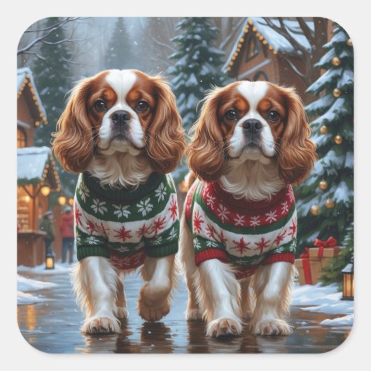 Cavalier King Charles Spaniel Dogs Christmas Snow Quadratischer Aufkleber (Vorderseite)