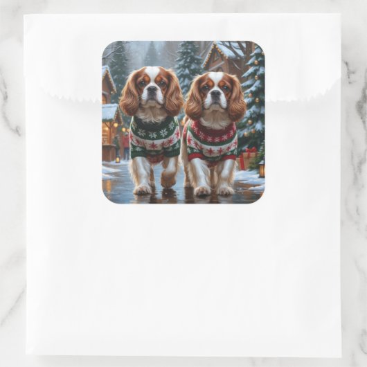 Cavalier King Charles Spaniel Dogs Christmas Snow Quadratischer Aufkleber (Tasche)