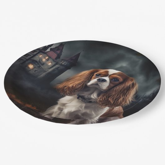 Cavalier King Charles Spaniel Halloween Beängstige Pappteller (Schrägansicht)