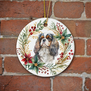 Cavalier King Charles Spaniel Holiday Wreath Keramik Ornament
