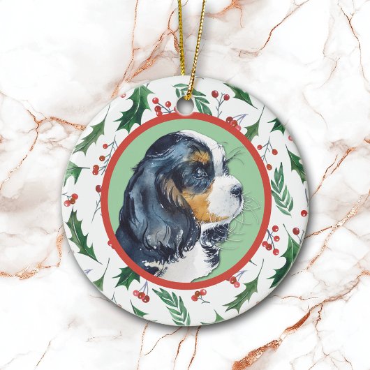 Cavalier King Charles Spaniel Holly Border Keramik Ornament
