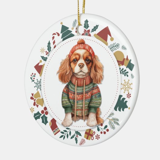 Cavalier King Charles Spaniel im Winter Sweater Keramik Ornament (Links)