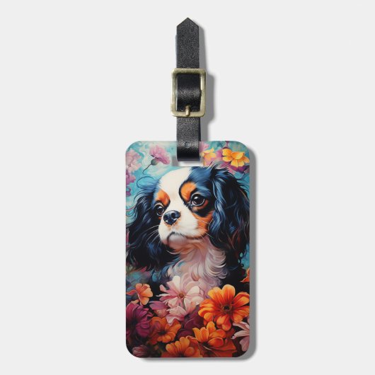 Cavalier King Charles Spaniel in Blume Gepäckanhänger (Vorderseite vertikal)