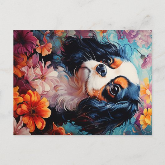 Cavalier King Charles Spaniel in Blume Postkarte (Vorderseite)