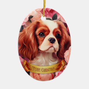 Cavalier King Charles Spaniel in Rose Keramik Ornament