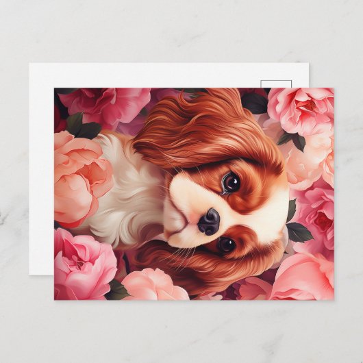 Cavalier King Charles Spaniel in Rose Postkarte (Vorne/Hinten)