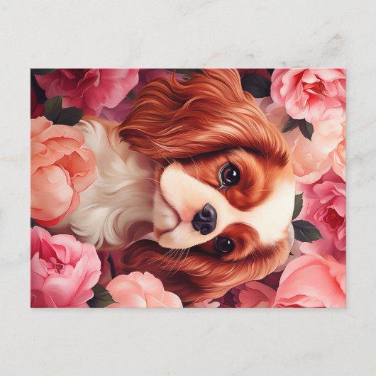 Cavalier King Charles Spaniel in Rose Postkarte (Vorderseite)