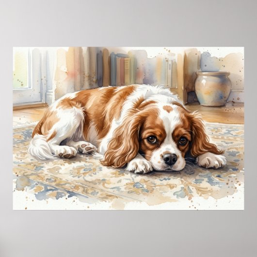 Cavalier King Charles Spaniel Liegt Wasserfarbe Poster (Vorne)