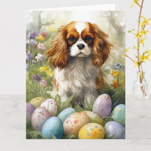Cavalier King Charles Spaniel mit Ostereiern Karte (Gelbe Blume)
