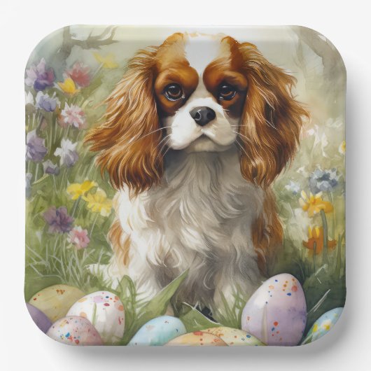 Cavalier King Charles Spaniel mit Ostereiern Pappteller (Vorderseite)