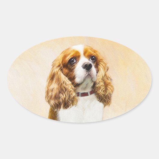 Cavalier King Charles Spaniel Original Malerei Ovaler Aufkleber (Vorderseite)