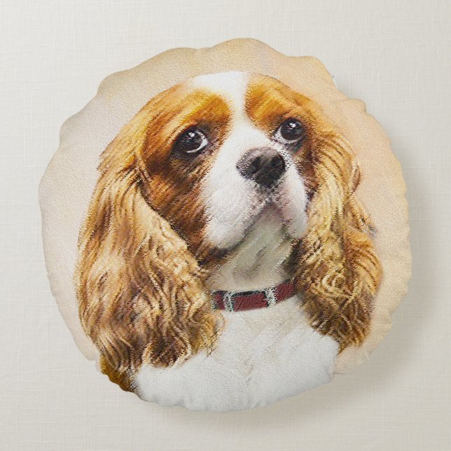 Cavalier King Charles Spaniel Original Malerei Rundes Kissen (Rückseite)