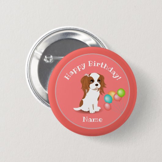 Cavalier King Charles Spaniel Pink Happy Birthday Button (Vorne & Hinten)