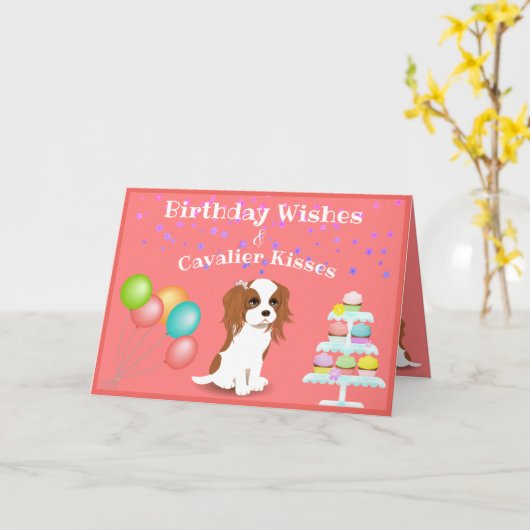 Cavalier King Charles Spaniel Pink Happy Birthday Karte (Gelbe Blume)
