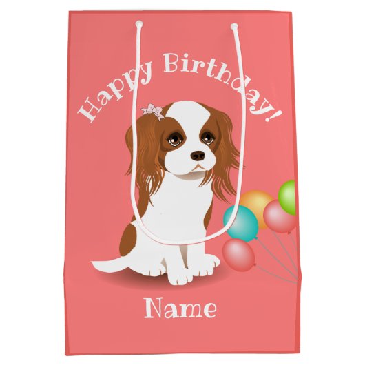 Cavalier King Charles Spaniel Pink Happy Birthday Mittlere Geschenktüte (Rückseite)
