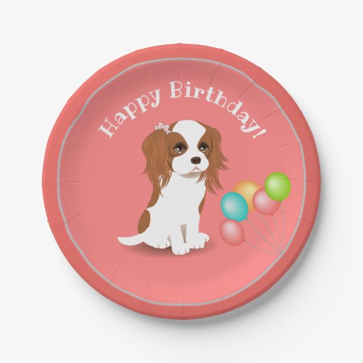 Cavalier King Charles Spaniel Pink Happy Birthday Pappteller (Vorderseite)