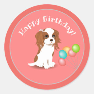 Cavalier King Charles Spaniel Pink Happy Birthday Runder Aufkleber