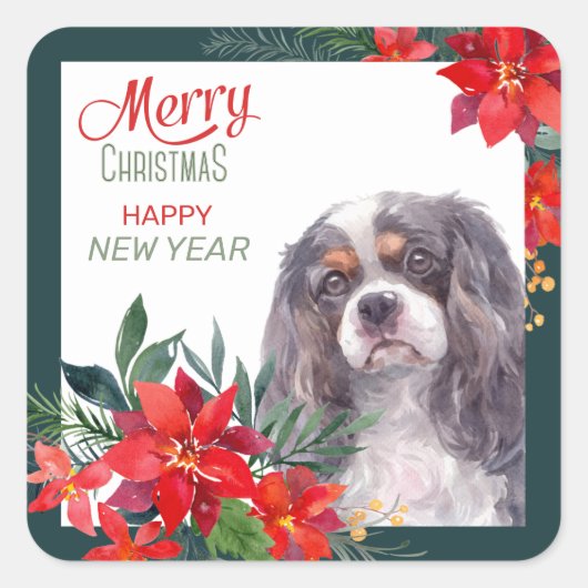 Cavalier King Charles Spaniel Poinsettia Bouquet Quadratischer Aufkleber (Vorderseite)