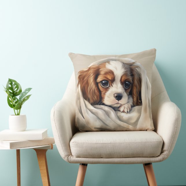 CAVALIER KING CHARLES SPANIEL PUPPING UNTER BLANKE KISSEN (Stuhl )